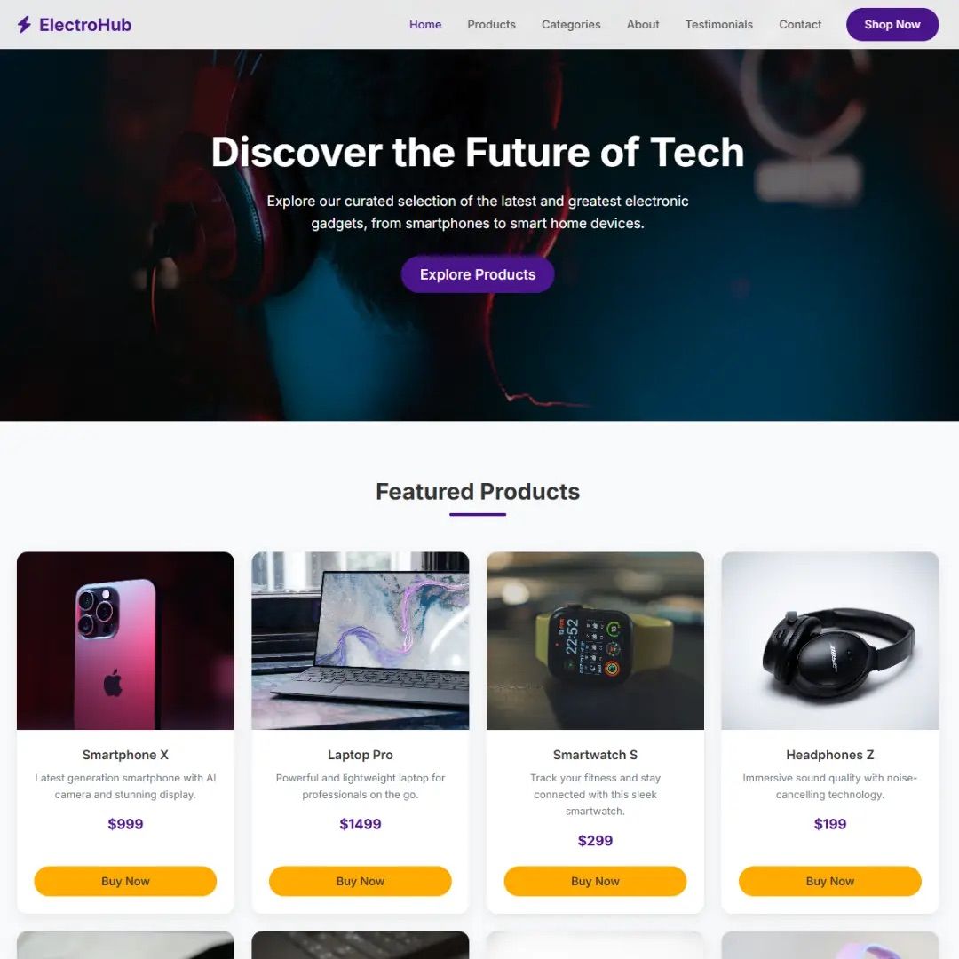 ElectriHub website landing page featuring tech products, a 