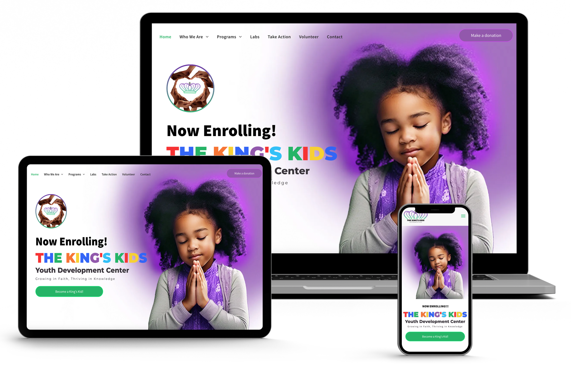 Website showcasing The King's Kids Center on a laptop, tablet, and phone, featuring a young girl praying.