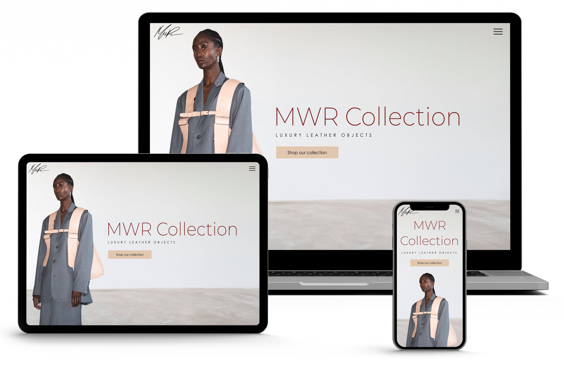 Website displayed on laptop, tablet, and phone showcasing a woman in grey jacket, 