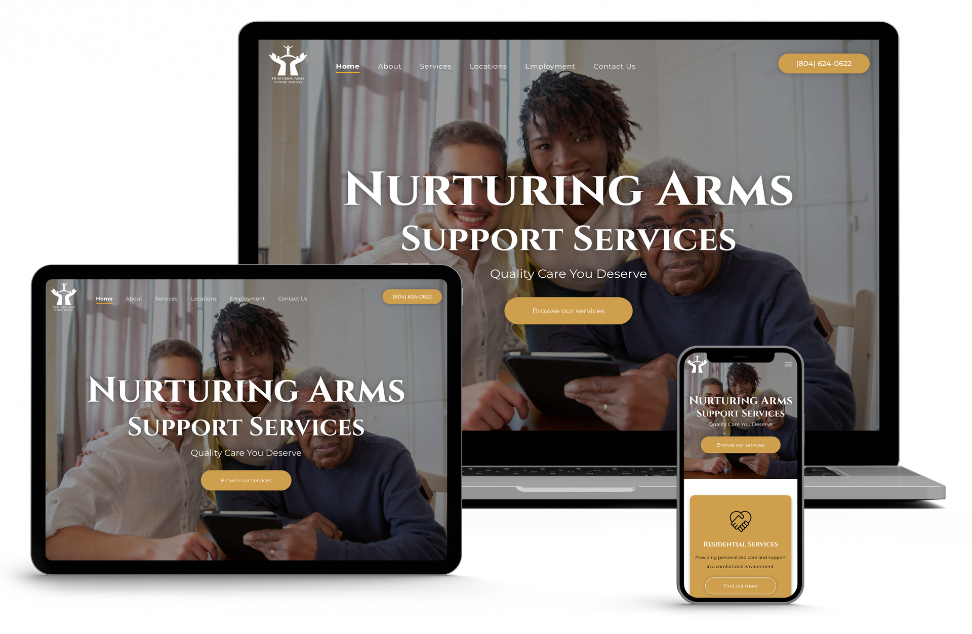 Nurturing Arms website on laptop, tablet, and phone screens showing a diverse family and support services.