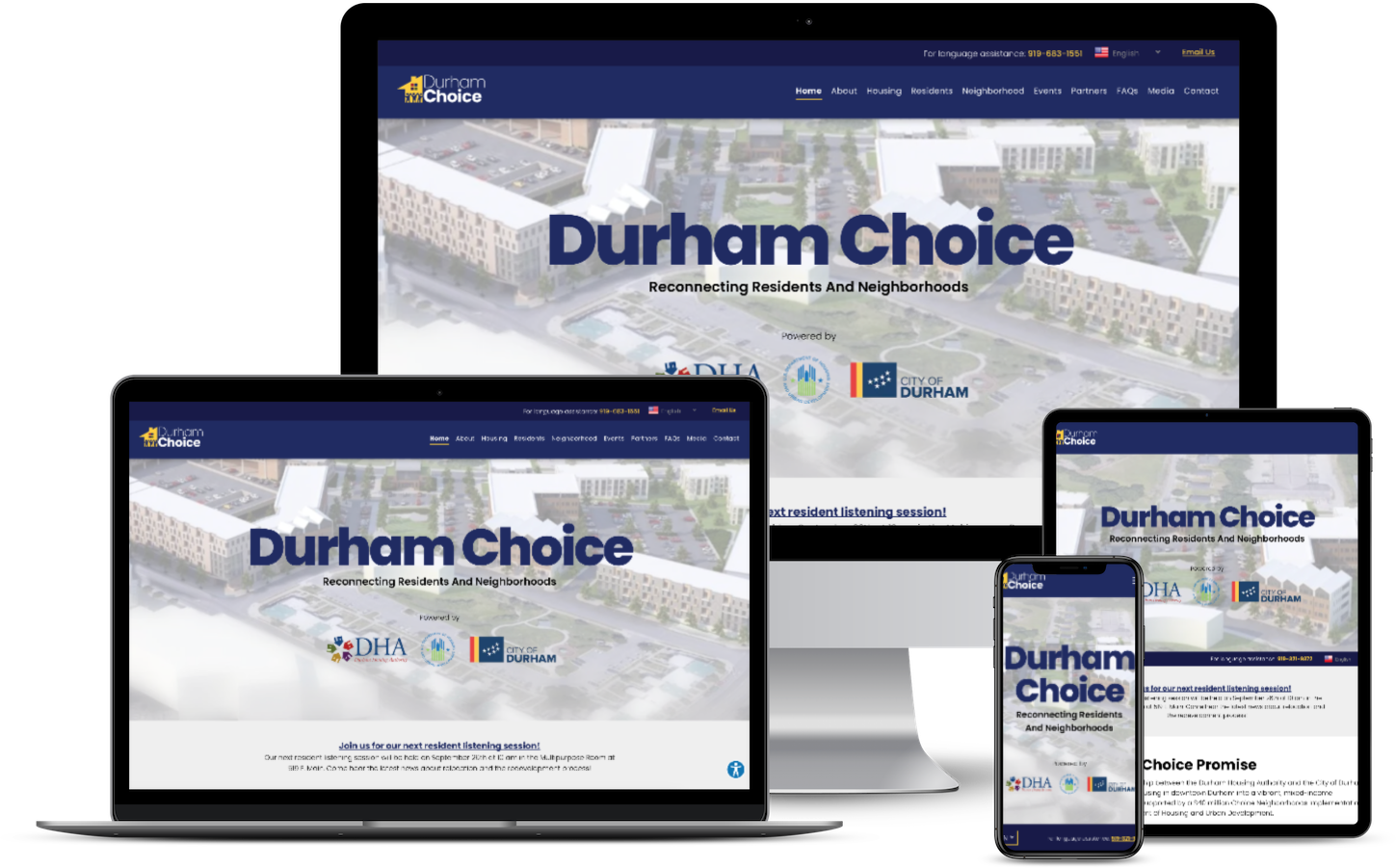Durham Choice website displayed on multiple devices: computer, laptop, tablet, and phone.