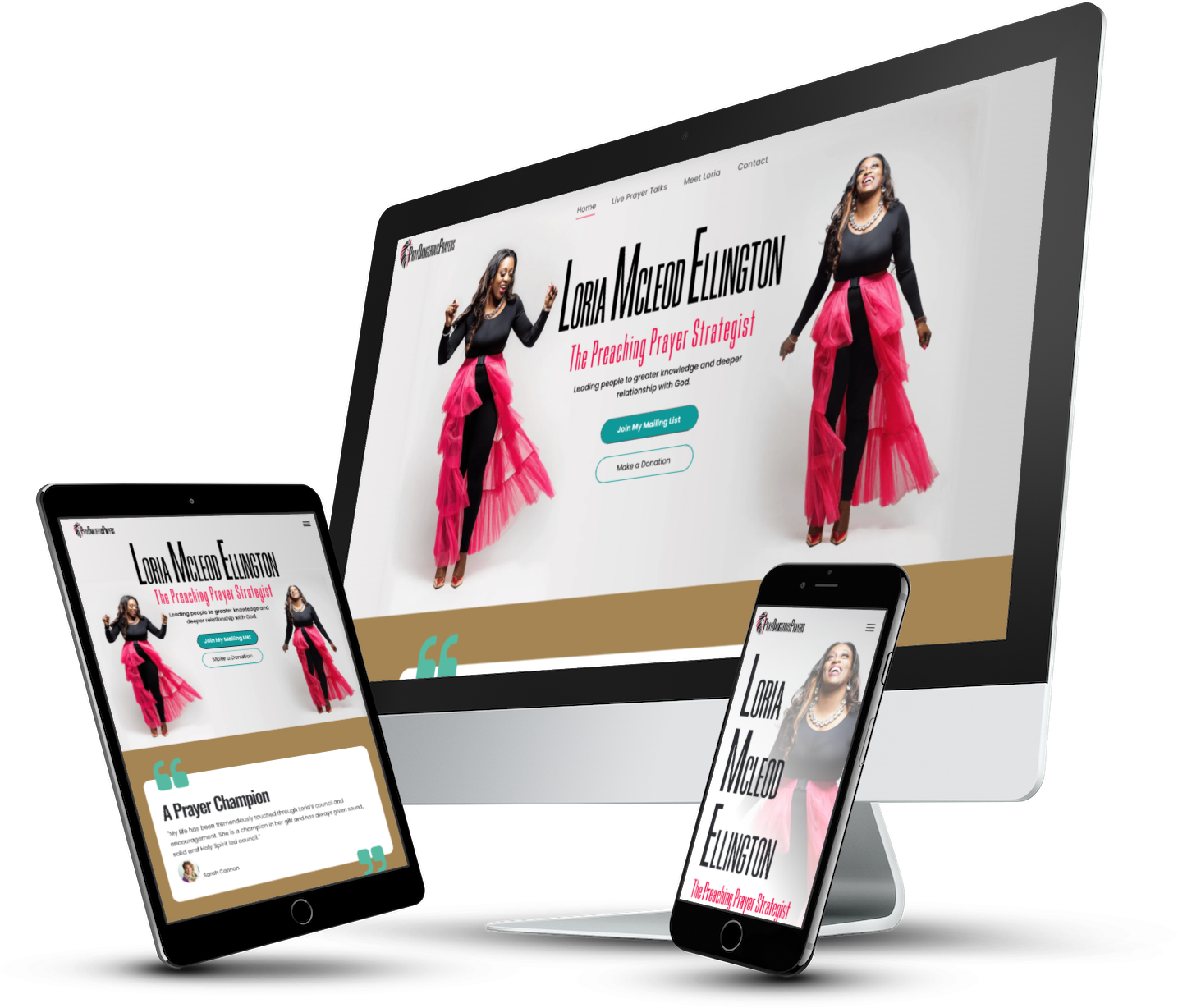 Website on a desktop computer, tablet, and phone displaying a woman in a black top and pink skirt.