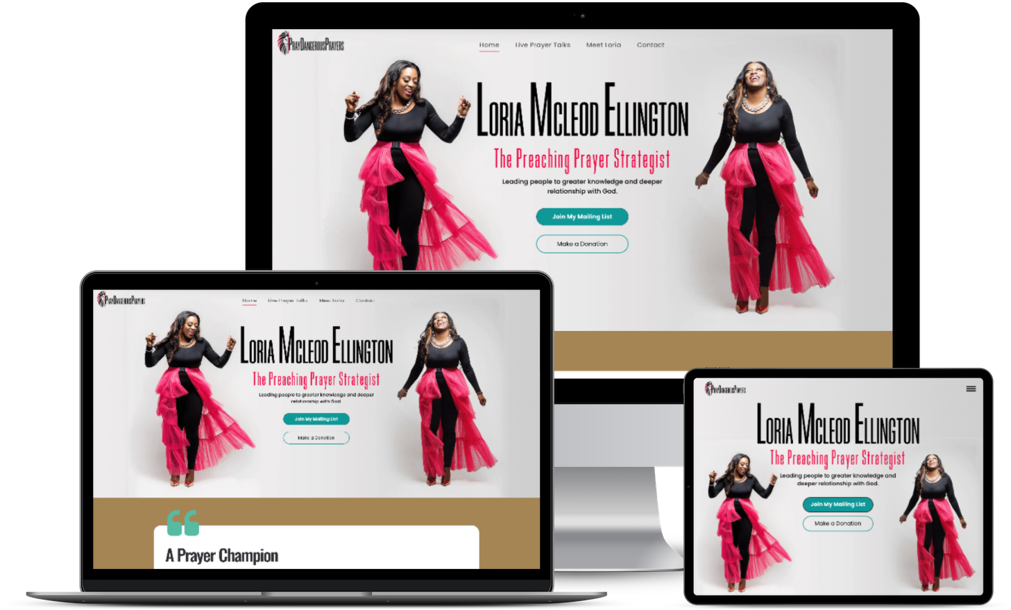 Website design with woman in pink, black and white dress, on laptop, desktop and tablet.