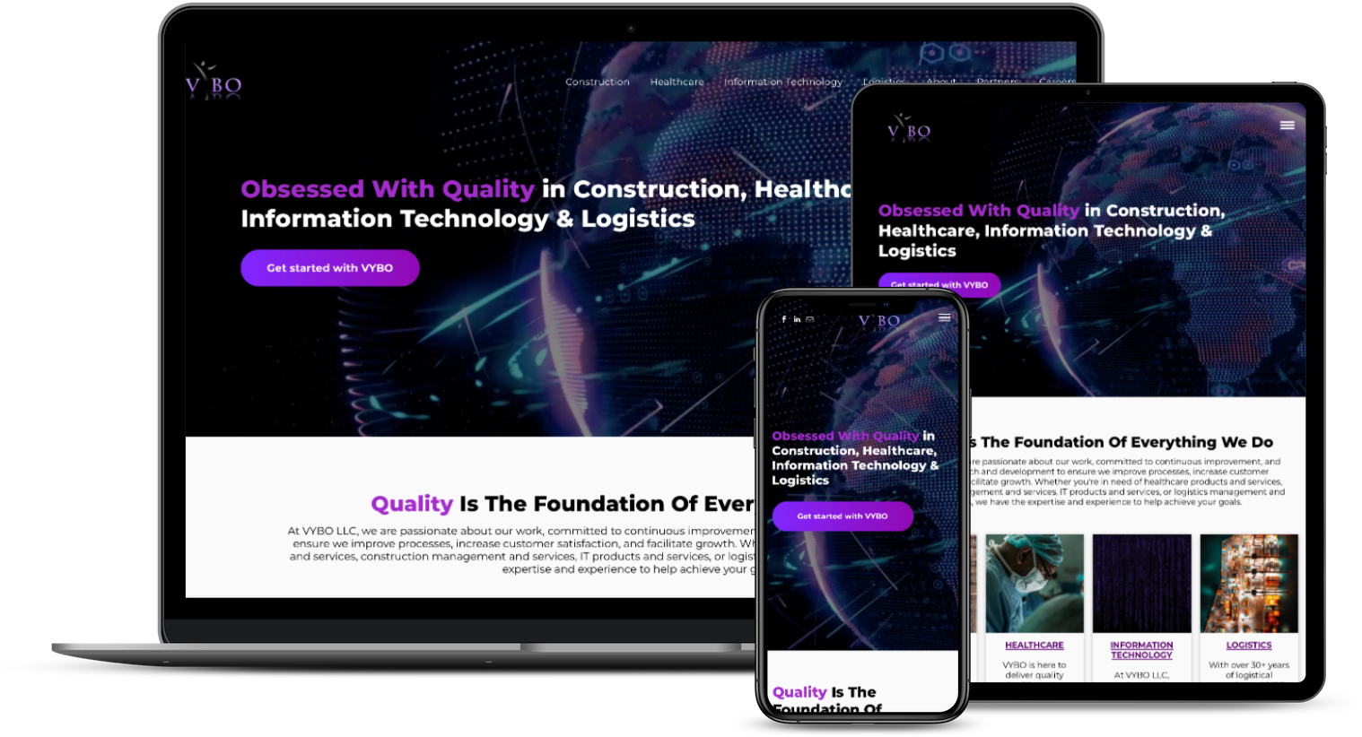 Website design mockup on laptop, tablet, and phone; dark theme, purple accents, and space-like background.