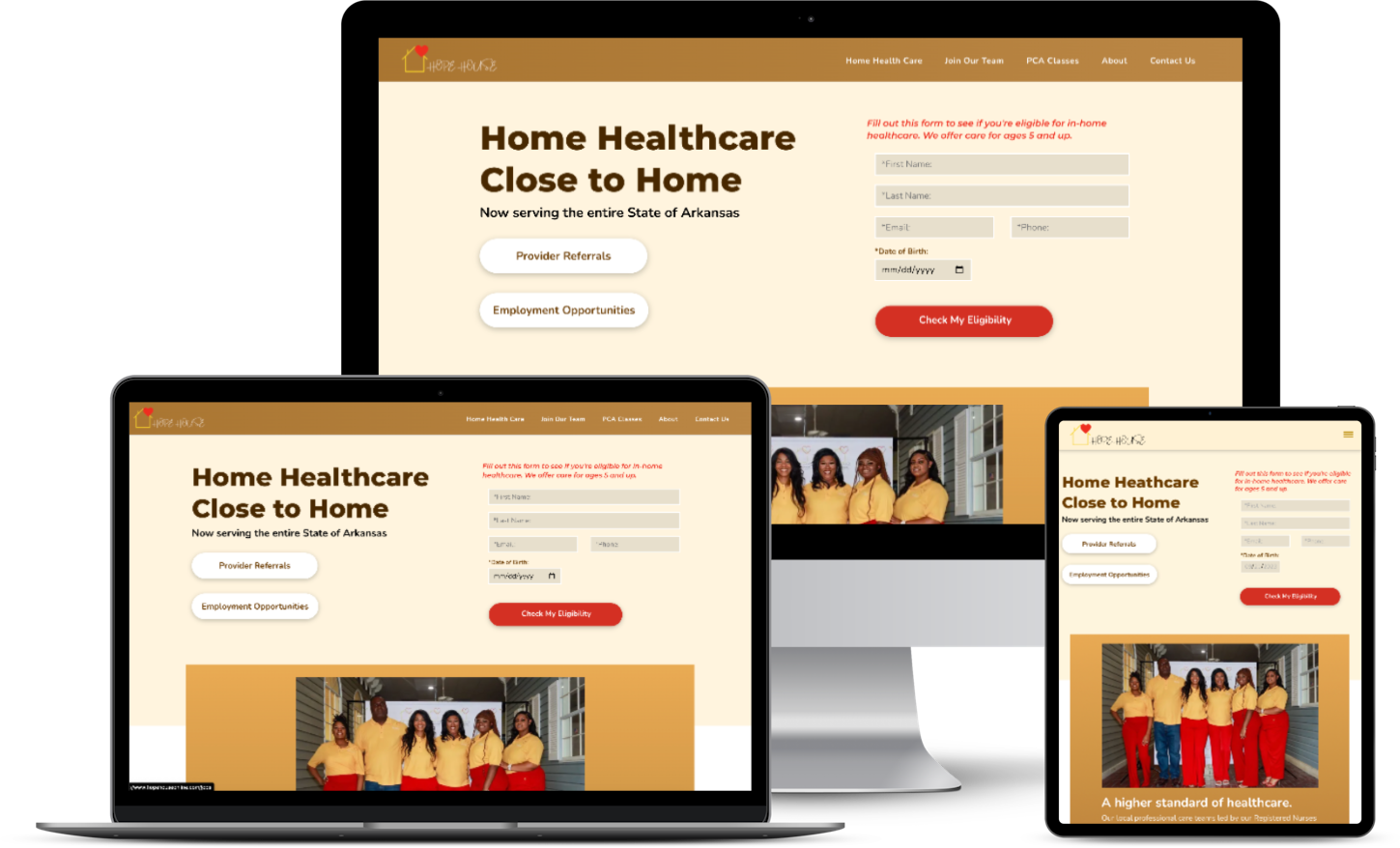 Home healthcare website displayed on laptop, monitor, and tablet, with a form, and a team photo.