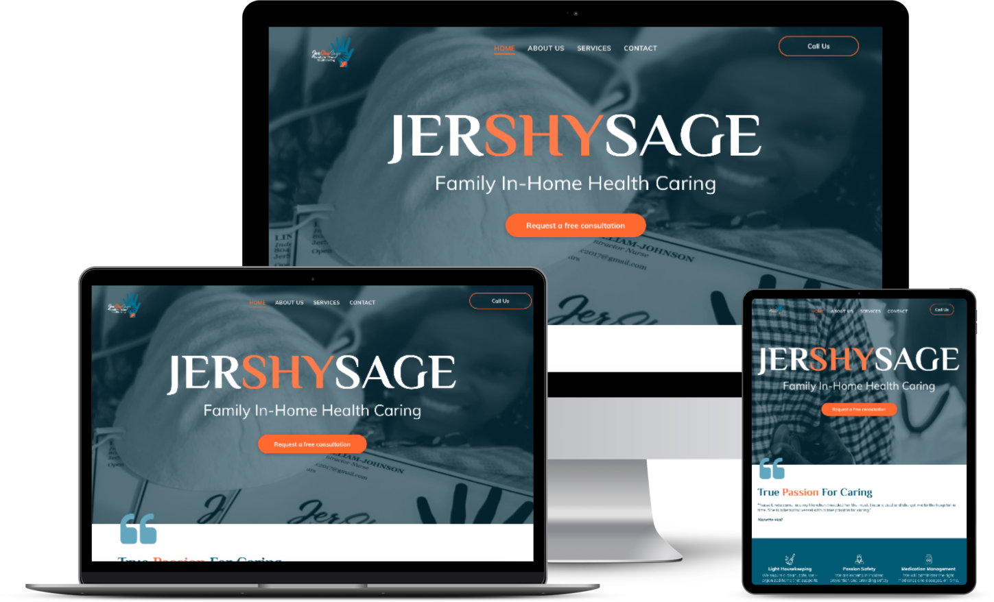 Website design: Jershysage, Family In-Home Health Care, displayed on laptop, desktop, and tablet screens.