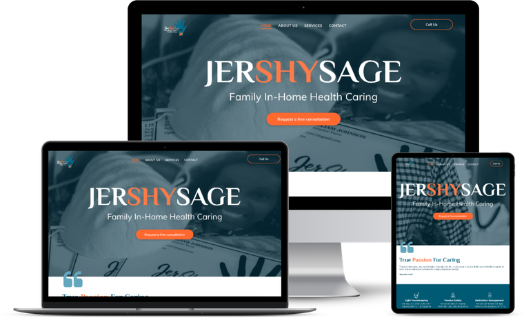JerShySage website displayed on multiple devices; family in-home health care services.