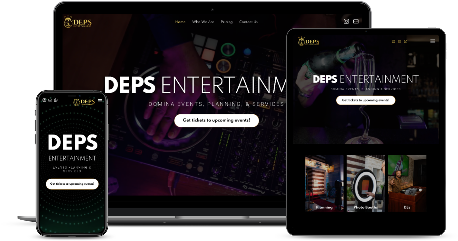 DEPS Entertainment website displayed on phone, laptop, and tablet.