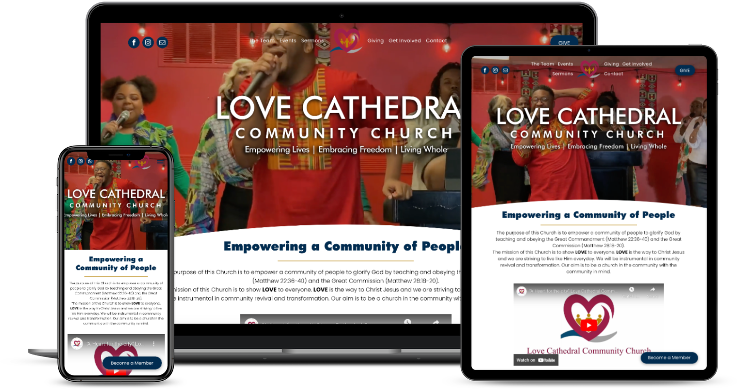 Love Cathedral Community Church website on mobile, laptop, and tablet. Photo of a church service with people.