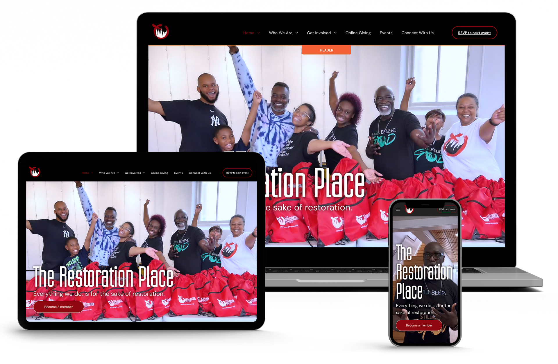 Website displayed on laptop, tablet, and phone showing people, and logo with a red stylized symbol.