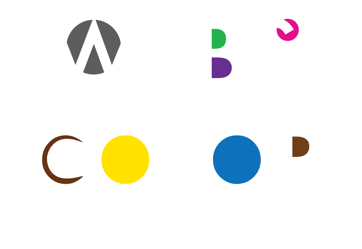 Logos of the letters A, B, C, and D in different colors and shapes.