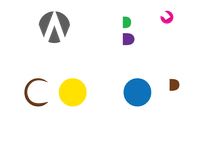 Logos of the letters A, B, C, and D in different colors and shapes.