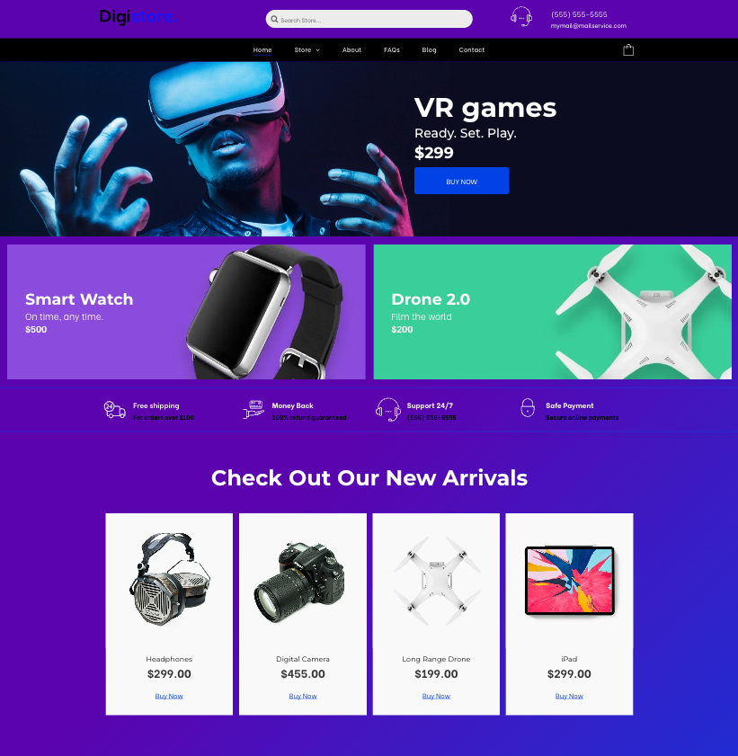 Redesigned website homepage for DigiTech electronics, featuring VR gear, smartwatches, drones, and featured product listings.
