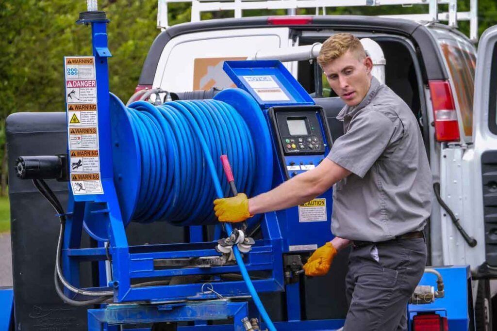 Man in gray uniform operating a blue drain inspection machine attached to a white van.