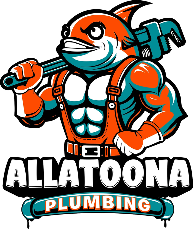 Strong fish-man plumber with a wrench, Allatoona Plumbing logo. Orange, teal, muscular, smiling.