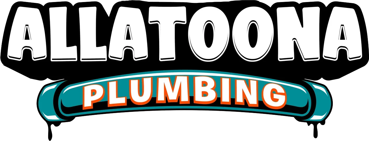 Allatoona Plumbing logo with bold white text over a teal and orange pipe design.