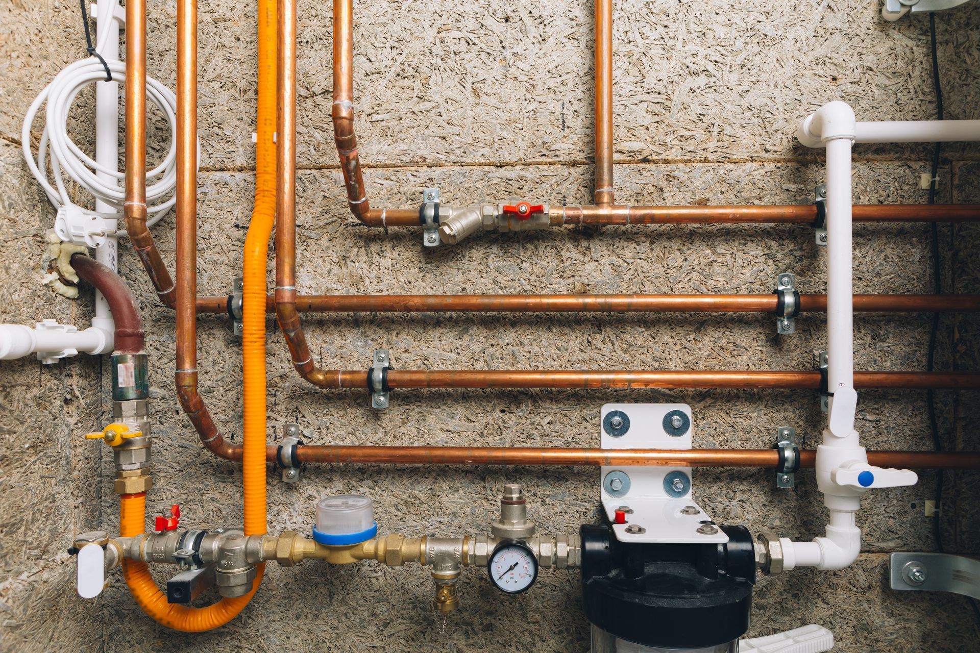 Copper pipes and fittings on a textured wall with orange and white pipes, and a black water filter.