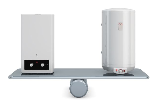 Two water heaters, one tall/round, one rectangular, balanced on a gray seesaw.