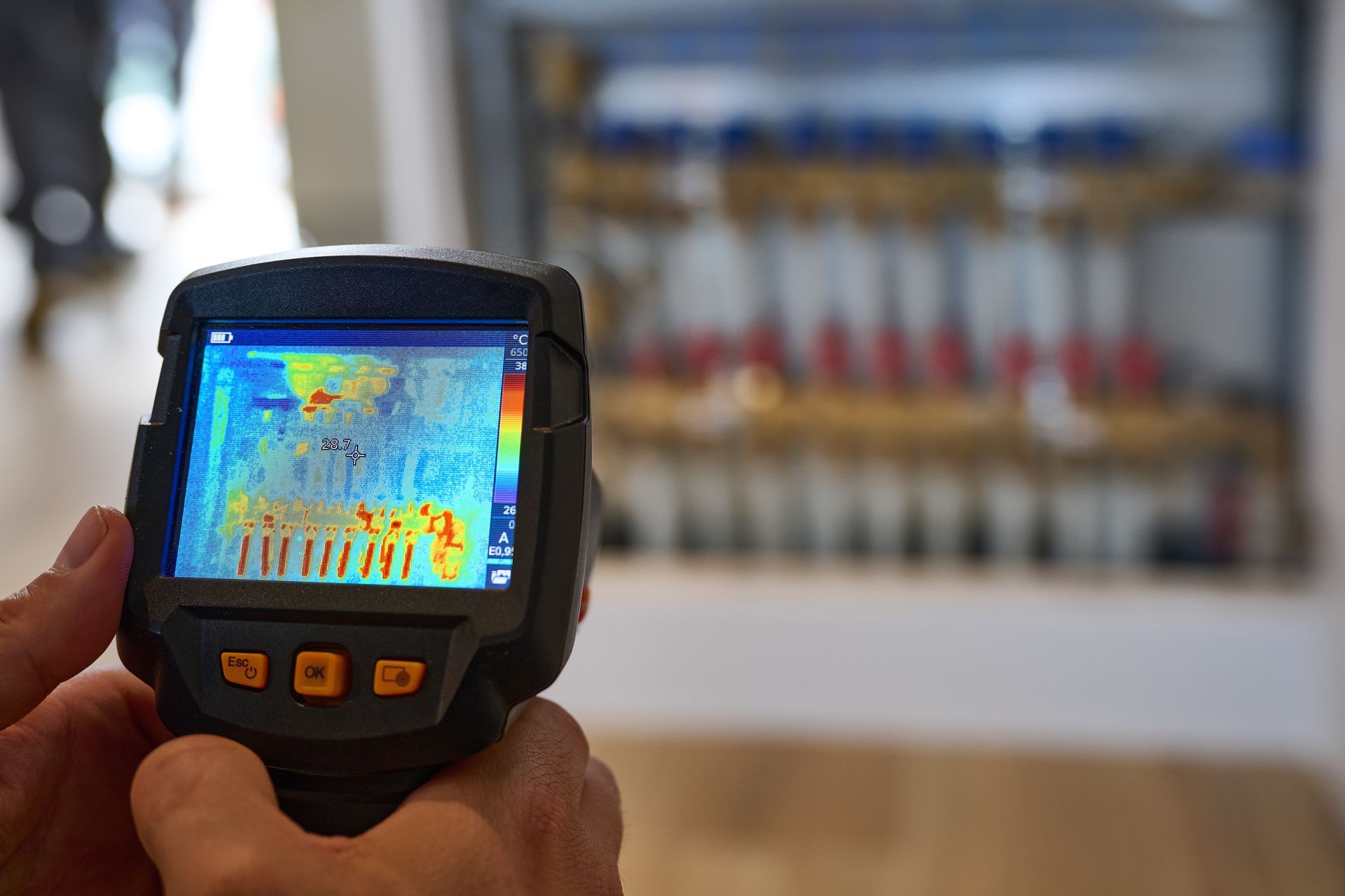 Person holding a thermal imaging camera, inspecting pipes in a mechanical room. Screen shows heat signatures in color.