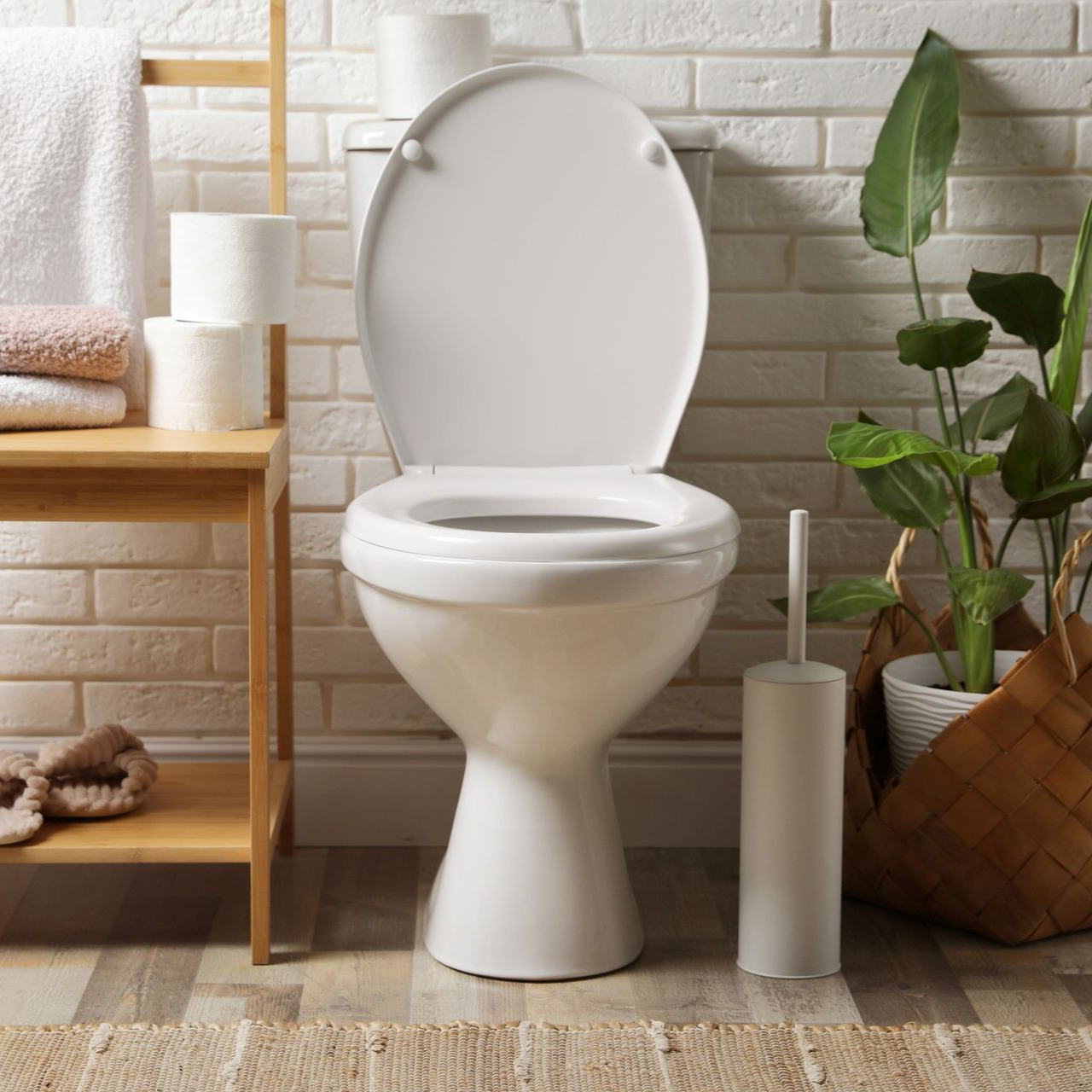 White toilet with the lid up, in a bathroom setting with a brush, toilet paper, and a houseplant.