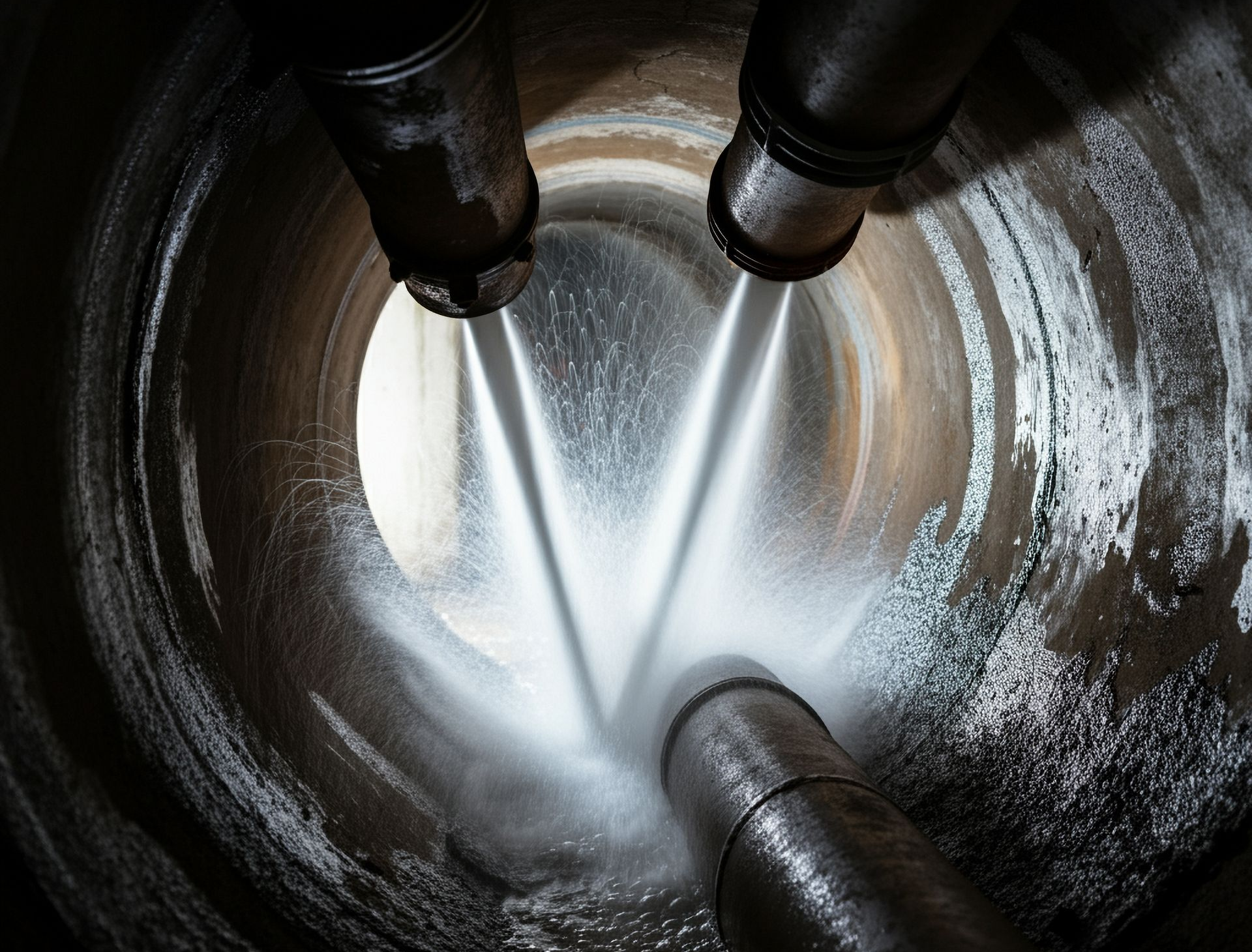 Water jets spraying inside a cylindrical pipe, cleaning the surface.