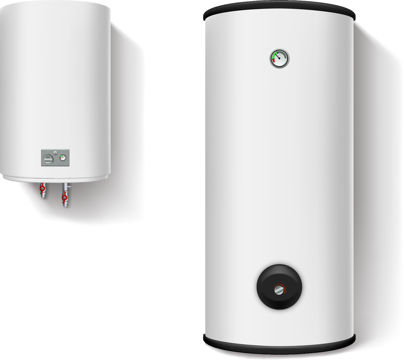 Two white water heaters, one wall-mounted and one tall and freestanding.