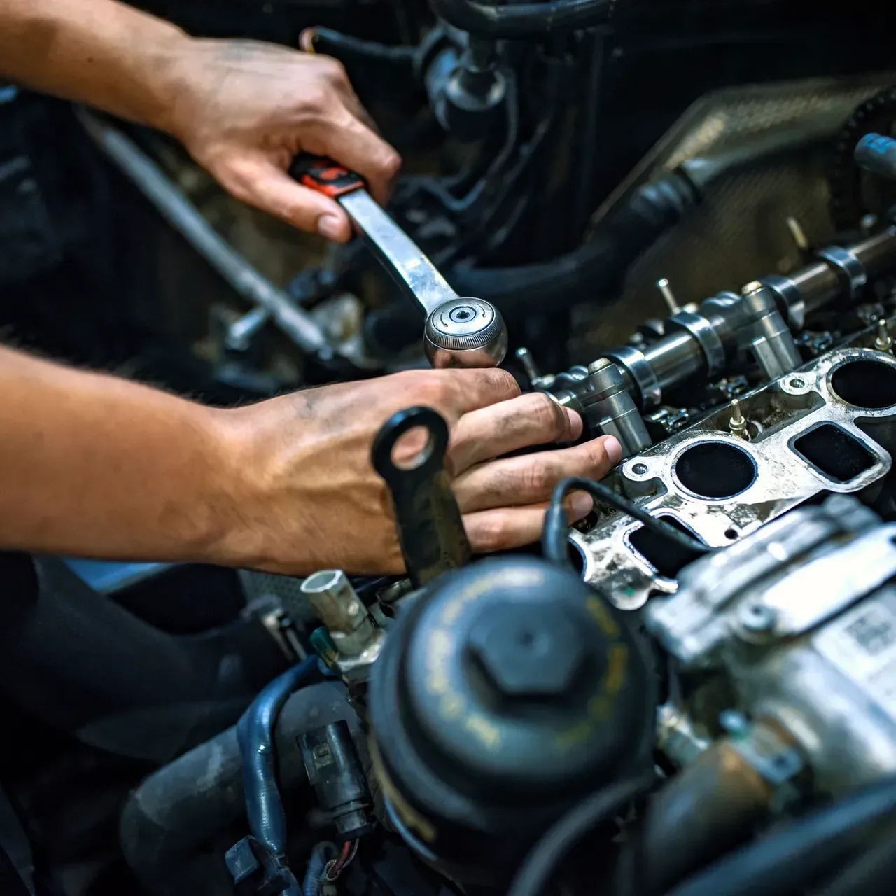 Hands using a wrench to repair a car engine.