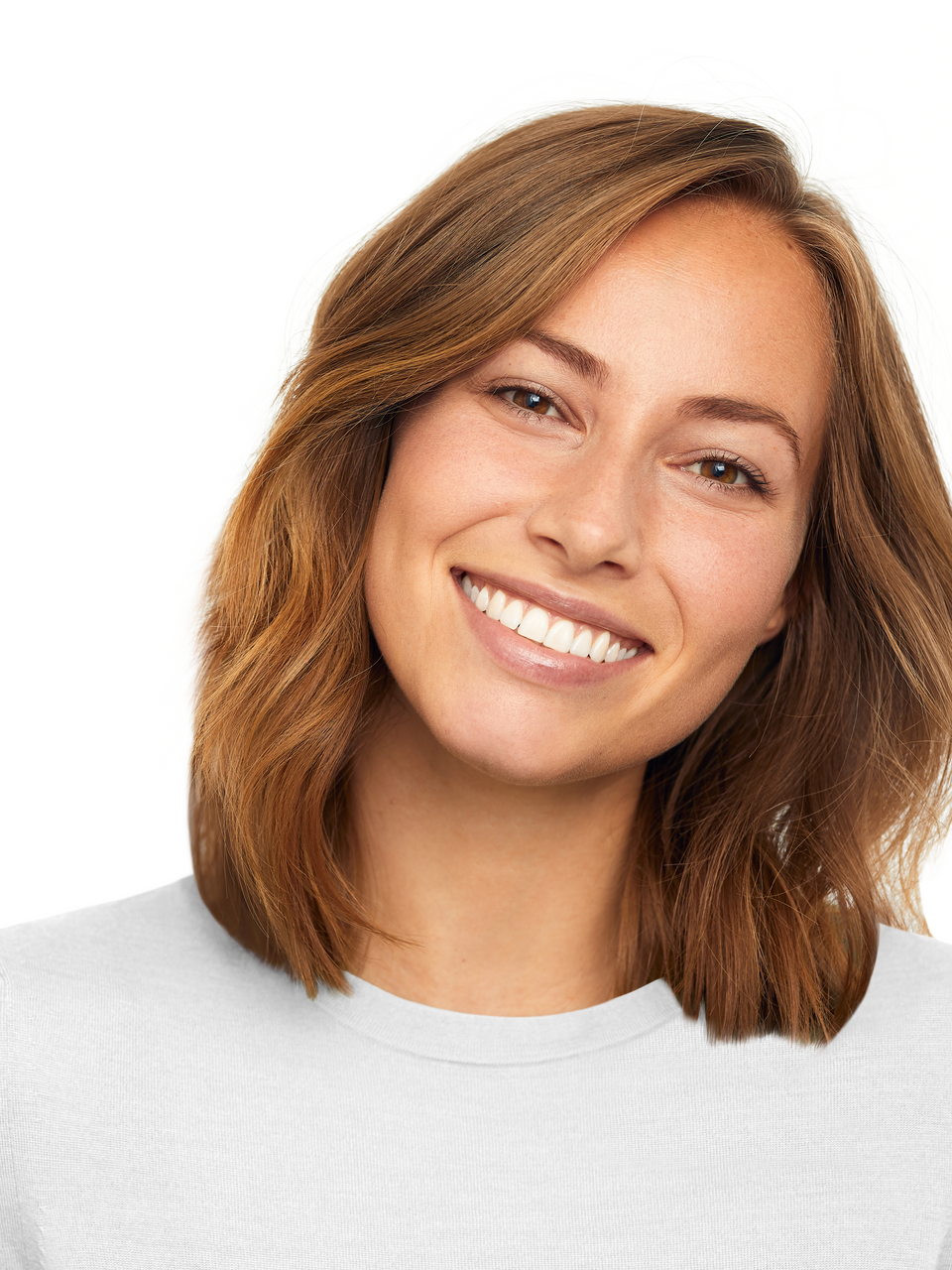 a woman with brown hair is smiling and wearing a white shirt .