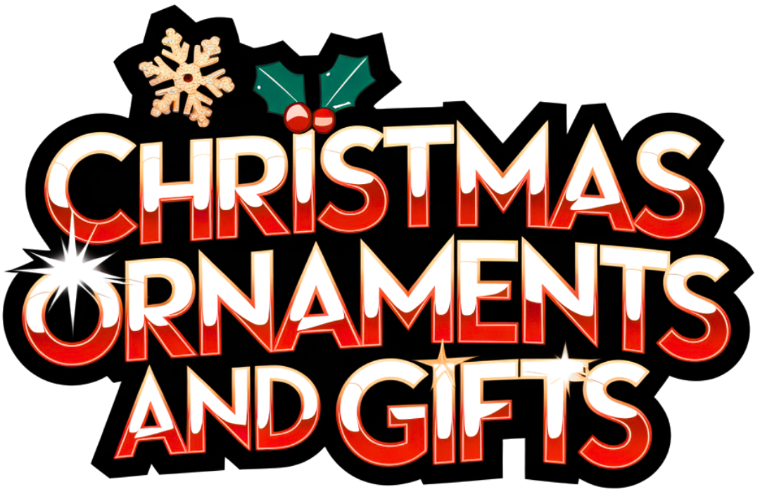 Christmas ornaments and gifts in bold red and white text with a black outline on a black background.