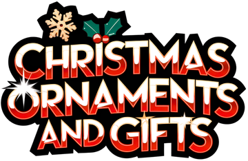 Christmas ornaments and gifts in bold red and white text with a black outline on a black background.