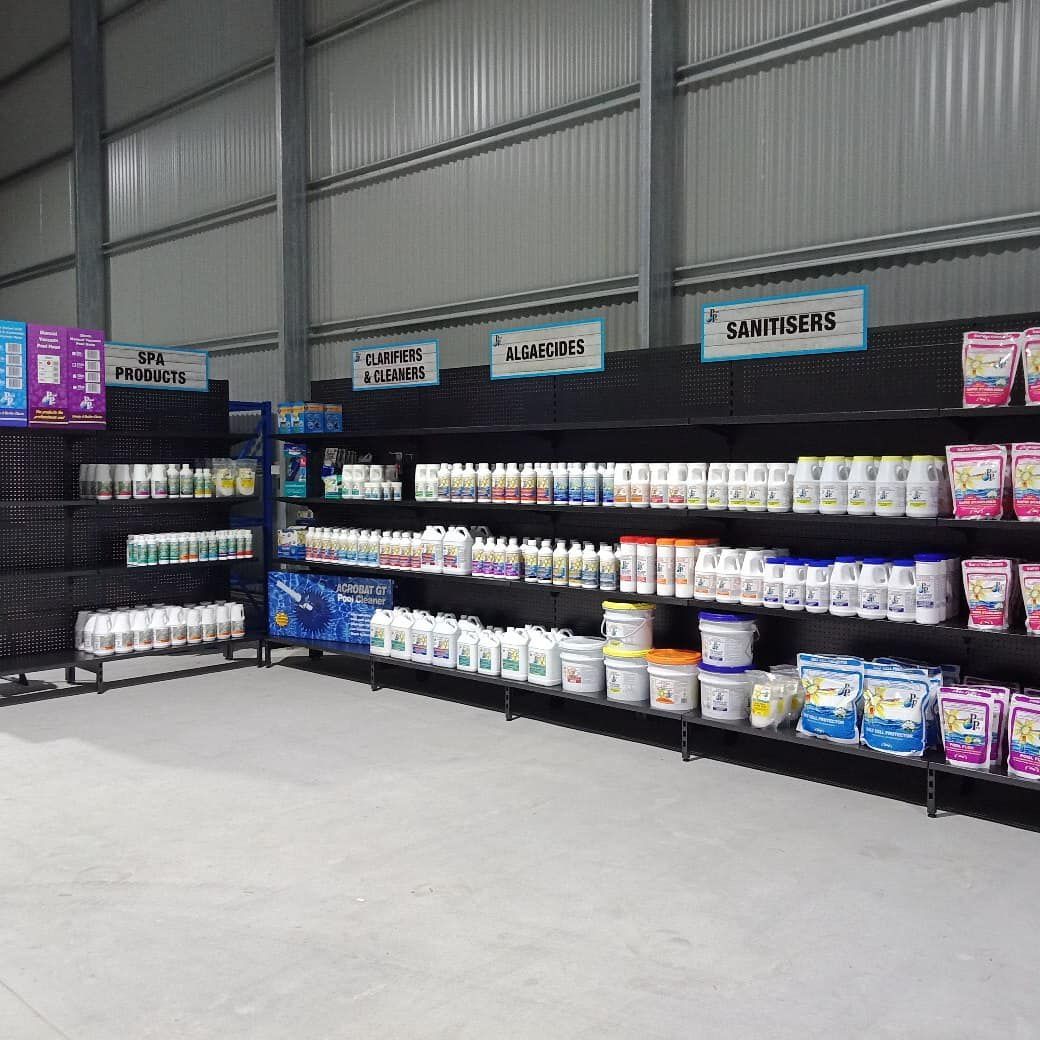 Shelves in a store — Yamba Pools & Spas In Yamba, NSW