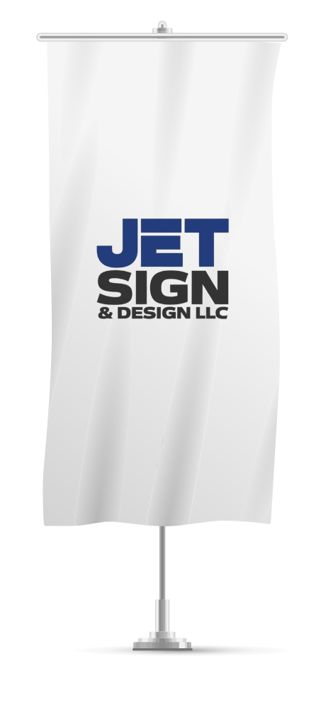 A white banner with the jet sign & design llc logo on it.