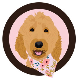 Hera's logo - A dog wearing a floral bandana is in a circle on a pink background.