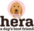 A logo featuring a smiling, tan, curly-haired dog wearing a floral bandana, with the text 