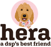 A logo featuring a smiling, tan, curly-haired dog wearing a floral bandana, with the text 