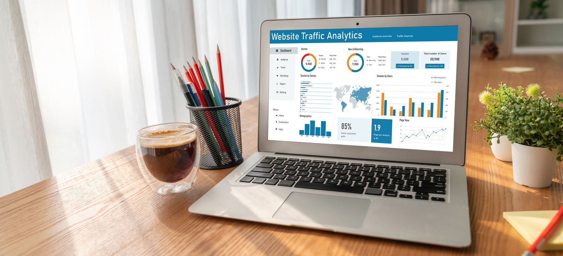 A laptop computer is sitting on a wooden desk next to a cup of coffee. K2 Marketing Data to help guide Reputation Managment  