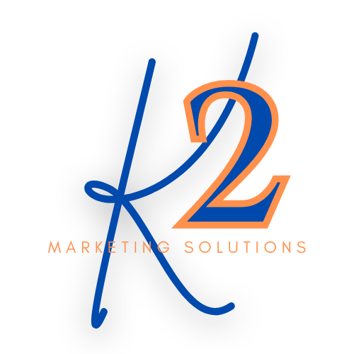 A blue and orange logo for k2 marketing solutions, Murfressboro, TN