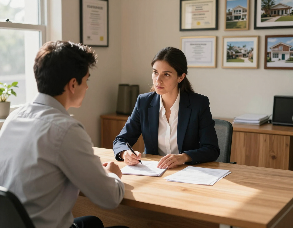 Property manager reviewing lease with prospective tenant