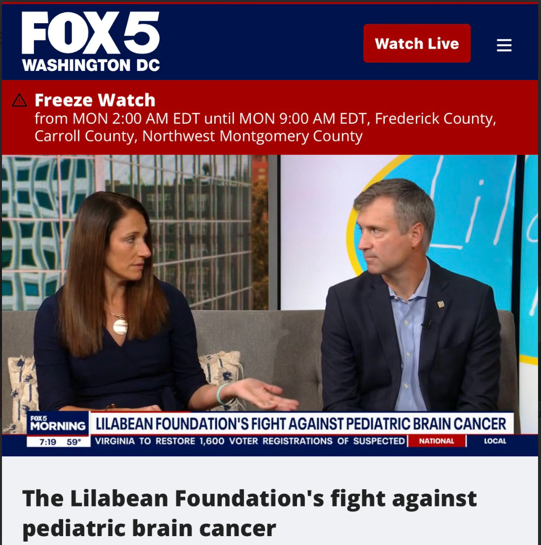 Lilabean Foundation Owner screen shot with Fox5 DC Logo