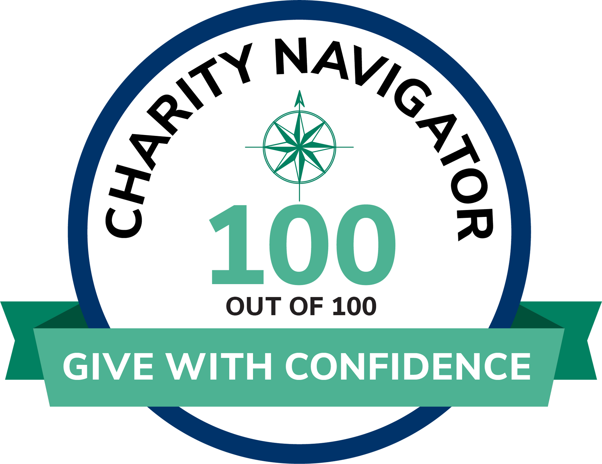 The logo for the charity navigator 100 out of 100 Give with Confidence.