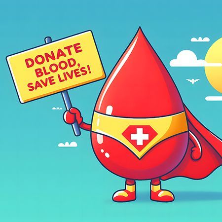 A cartoon drawing of a blood drop holding a sign that reads, Donate blood, save lives!