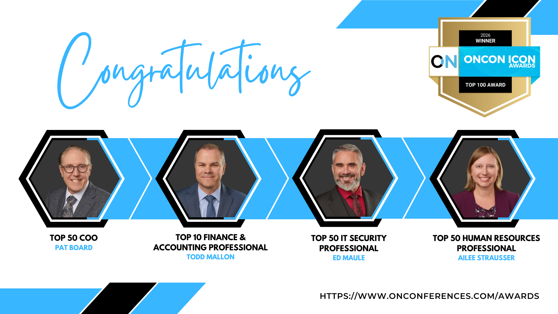 The following leaders were recognized this year for the OnCon Icon Awards:
Pat Board, Executive Vice President & Chief Operating Officer – Top 50 COO
Todd Mallon, CFO – Top 10 Finance & Accounting Professional
Ed Maule, Chief Information Officer – Top 50 IT Security Professional 
Ailee Strausser, Vice President of Human Resources – Top 50 Human Resources Professional 