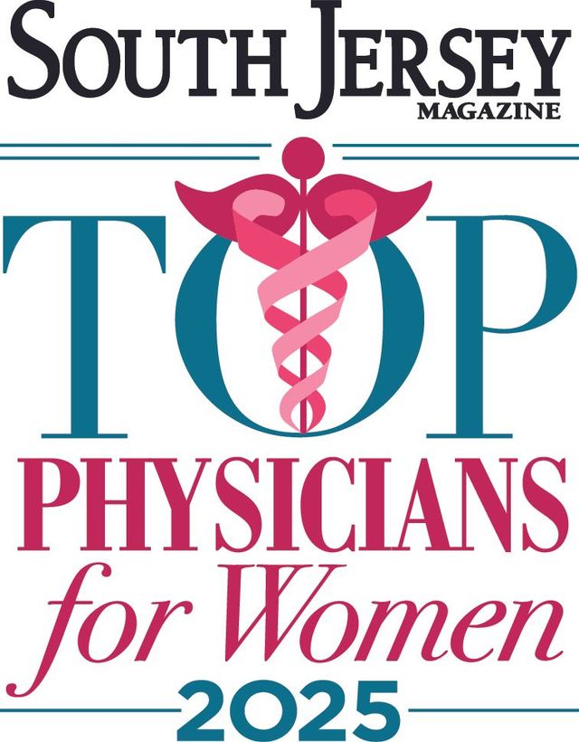 South Jersey Magazine’s “Top Physicians for Women 2025” cover with teal, pink, and white text and a caduceus logo