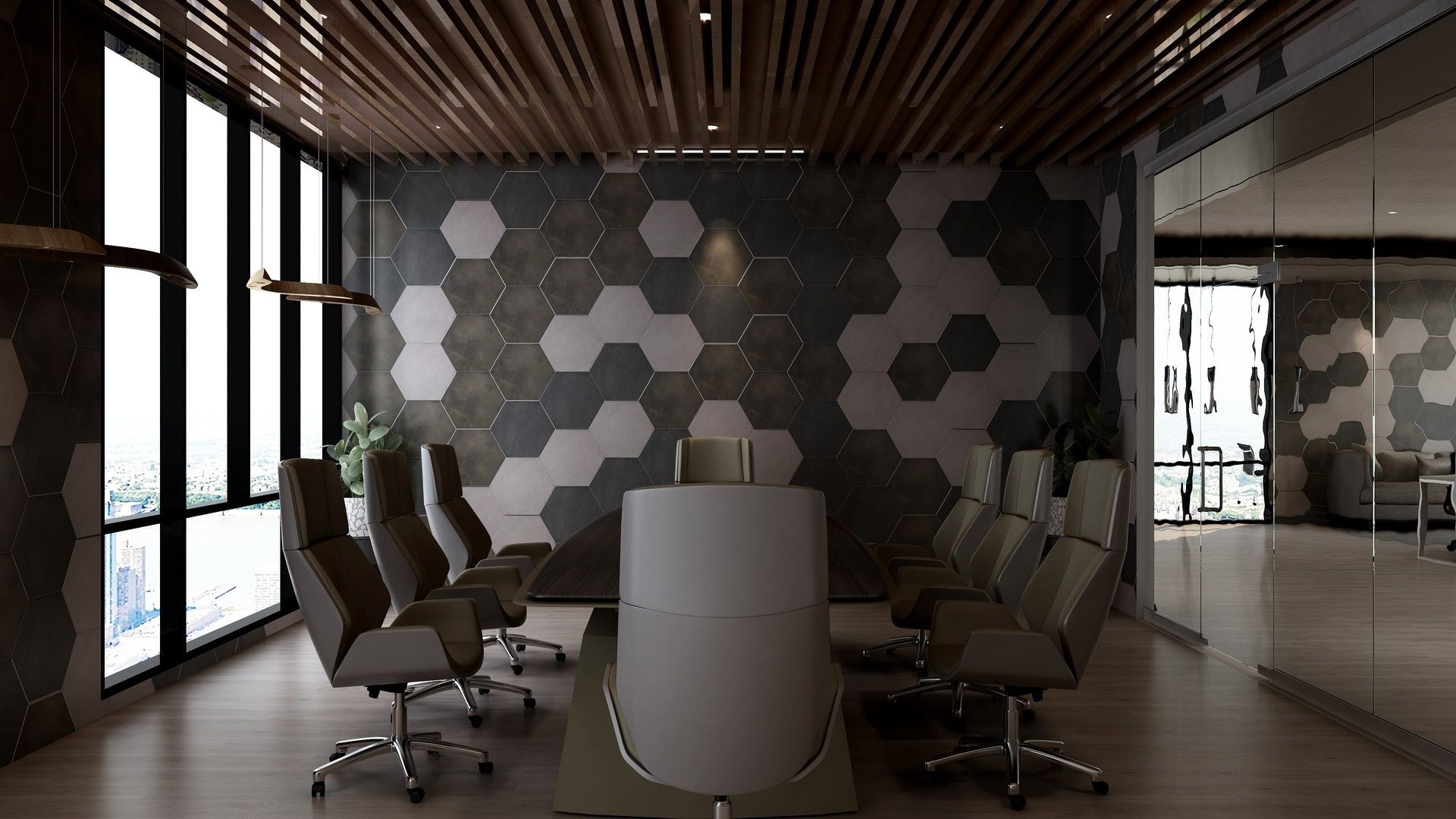 A conference room with a table and chairs in it