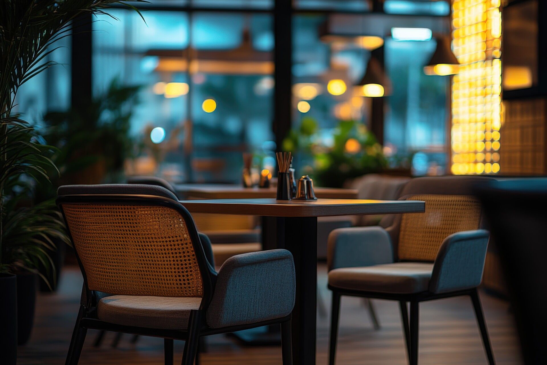 A blurry picture of a restaurant with tables and chairs.