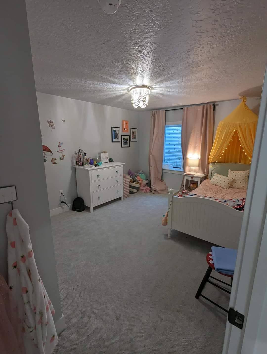 A bedroom with a bed , dresser , and canopy.