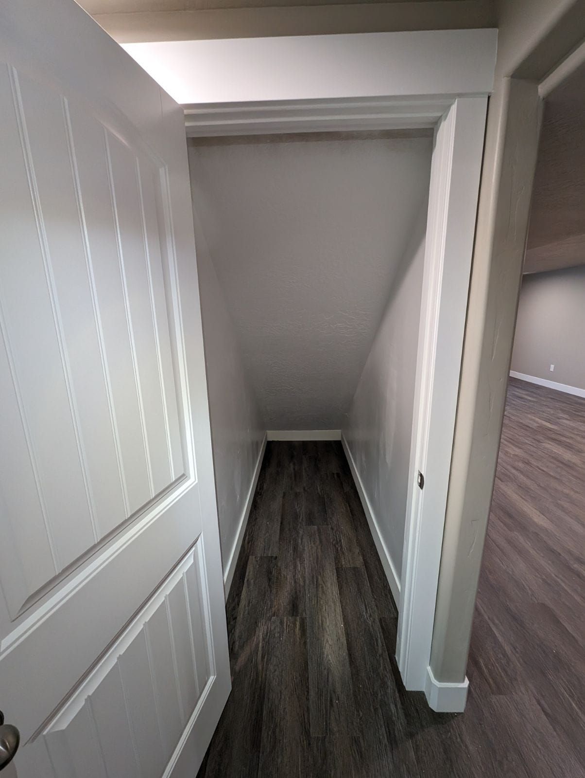 A hallway with a door open leading to a staircase.