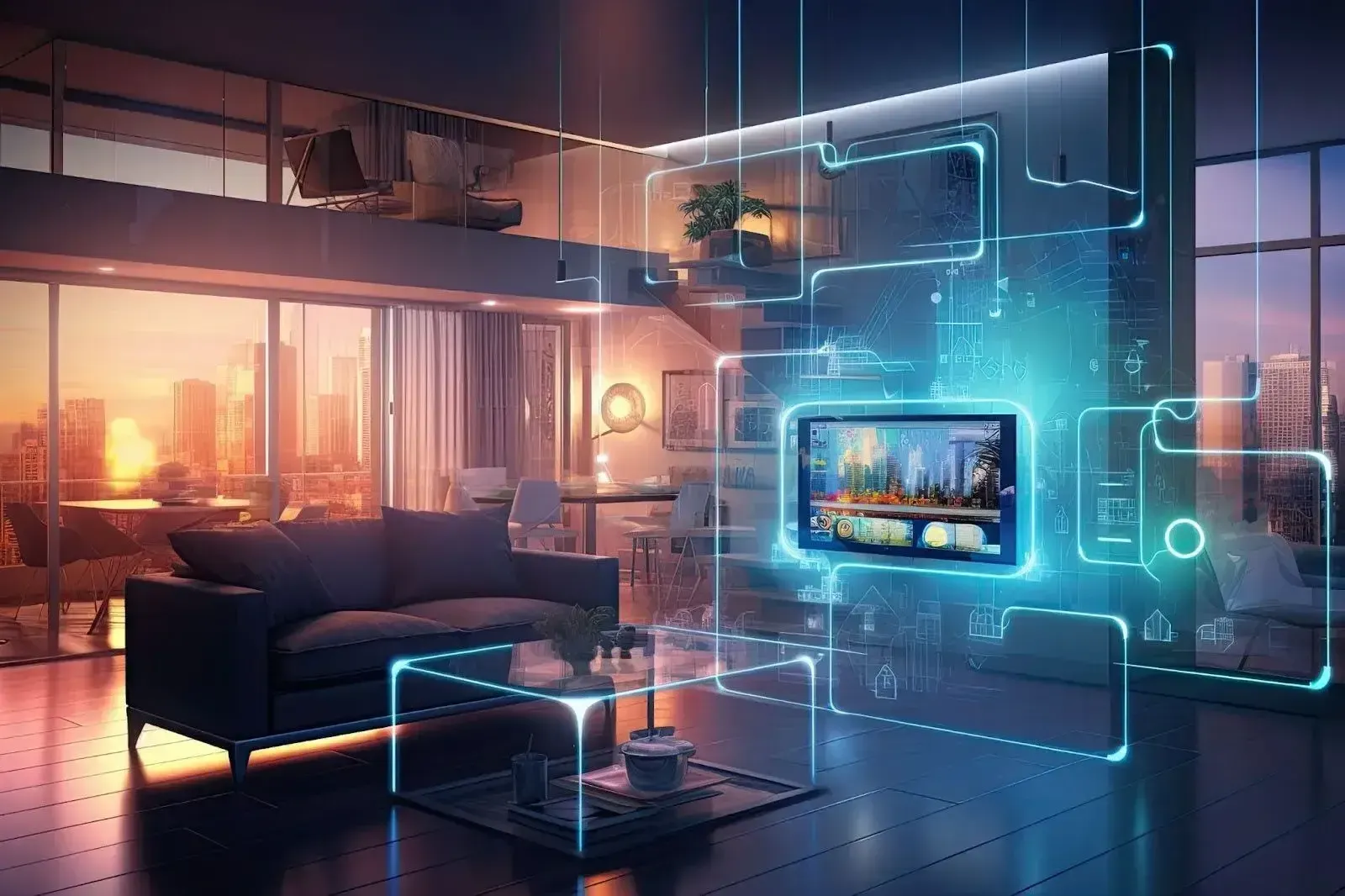 A smart home living room with a couch and a television on the wall.