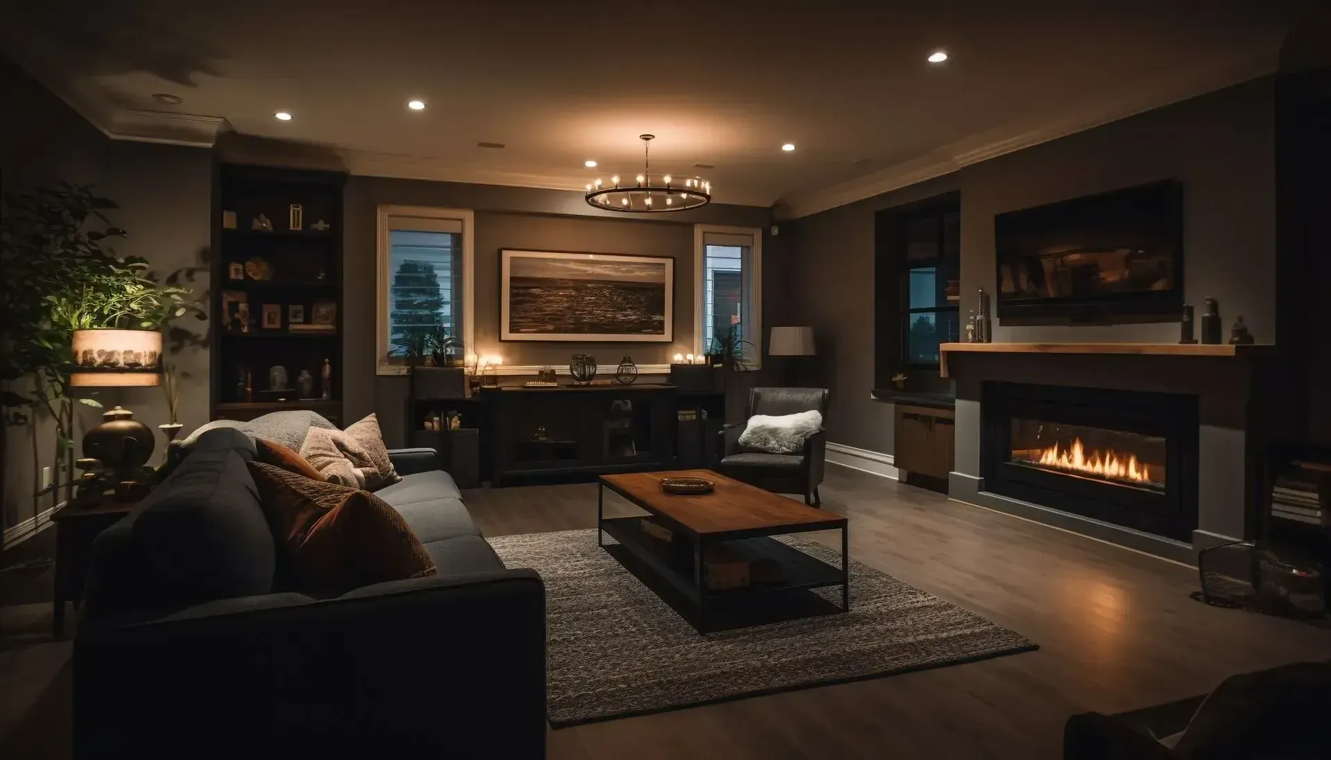 A basement living room filled with furniture and a fireplace at night.