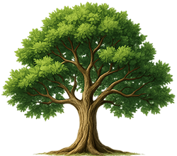 A large oak tree with a thick brown trunk and lush green leaves, isolated on white.